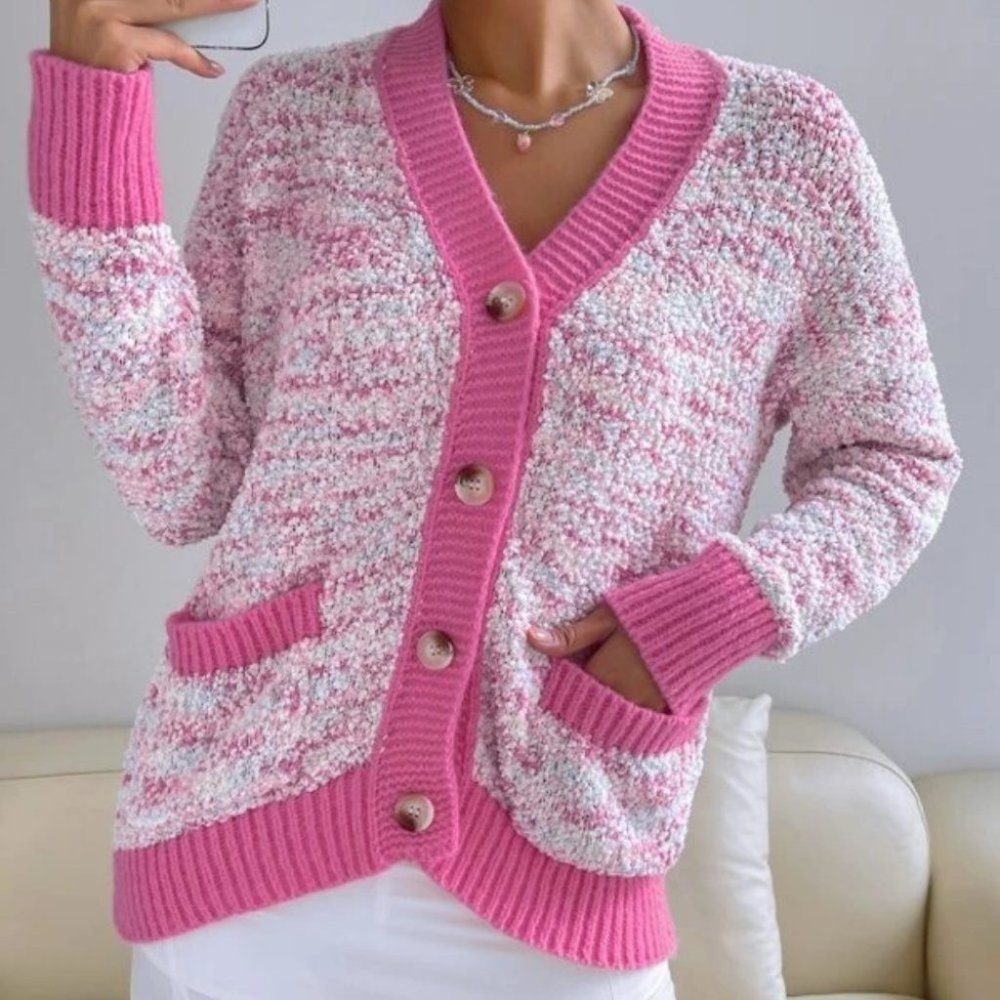 Pink Pocketed Popcorn Knit Oversized Cardigan - Picture 2 of 7